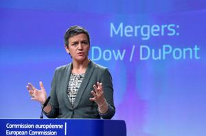 European Competition Commissioner Margrethe Vestager holds a news conference after Dow Chemical gained conditional EU antitrust approval on Monday. Photo courtesy of Reuters.