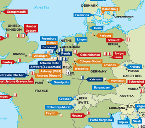 Rosneft Deutschland GmbH, a Rosneft subsidiary, implemented first deliveries of Alfabit bitumen product to its customers in Germany (Map Source: Hydrocarbon Processing Global Refining Map)
