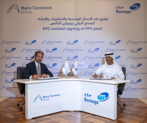 Ahmed Omar Abdulla, CEO of Abu Dhabi Polymers Company (Borouge), and Pierroberto Folgiero, CEO of Maire Tecnimont Group; signing the Engineering, Procurement and Construction (EPC) contract for Borouge’s fifth polypropylene (PP5) plant in Abu Dhabi on 5 September 2018.