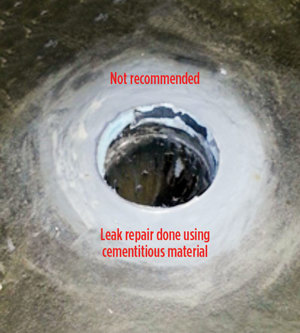 Fig. 3B. Leak repaired using cementitious material, a shortcut that is taken when there is no time available to make the vessel gas-free or carry out the time-consuming hot work.