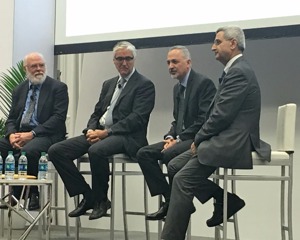 The CTO panel discussion included, from left, Terry Oliver, CTIO, Bonneville Power Administration; Dr. Luiz Mello, technology innovation director, Vale; Ahmed Hashmi, head of upstream technology, BP; and Dr. Mirrasoul Mousavi, senior principal scientist engineer, ABB US Corporate Research.